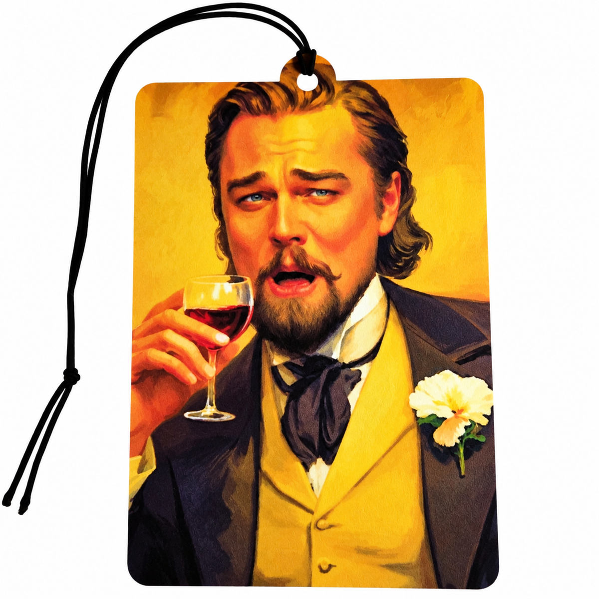 Leonardo DiCaprio Django Unchained inspired car air freshener featuring Calvin Candie holding a wine glass, wearing a yellow waistcoat and black jacket, with black hanging cord.