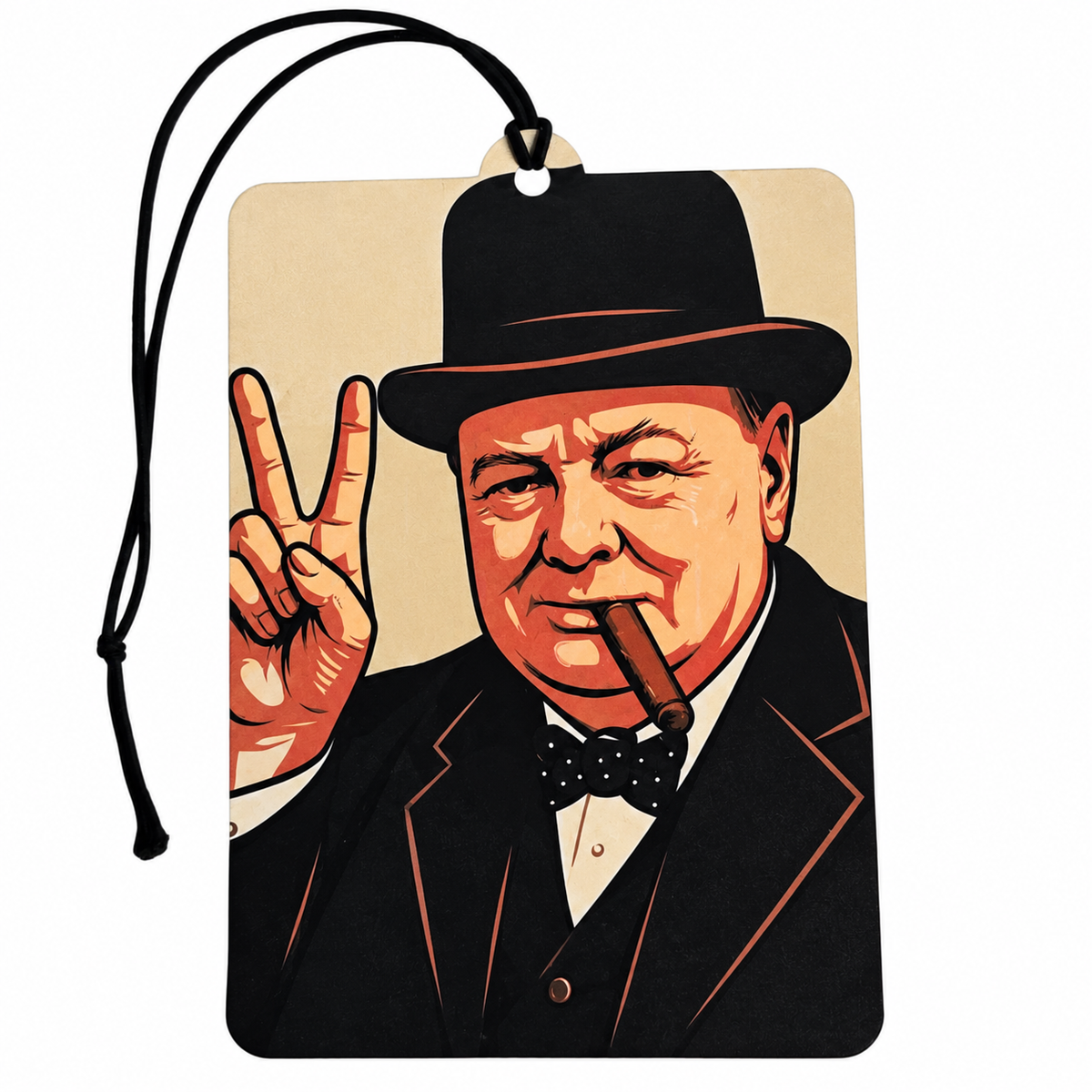 Winston Churchill car air freshener featuring vintage-style artwork of the British Prime Minister wearing a black bowler hat and bow tie, smoking a cigar and making the V for Victory sign, with a black hanging cord.