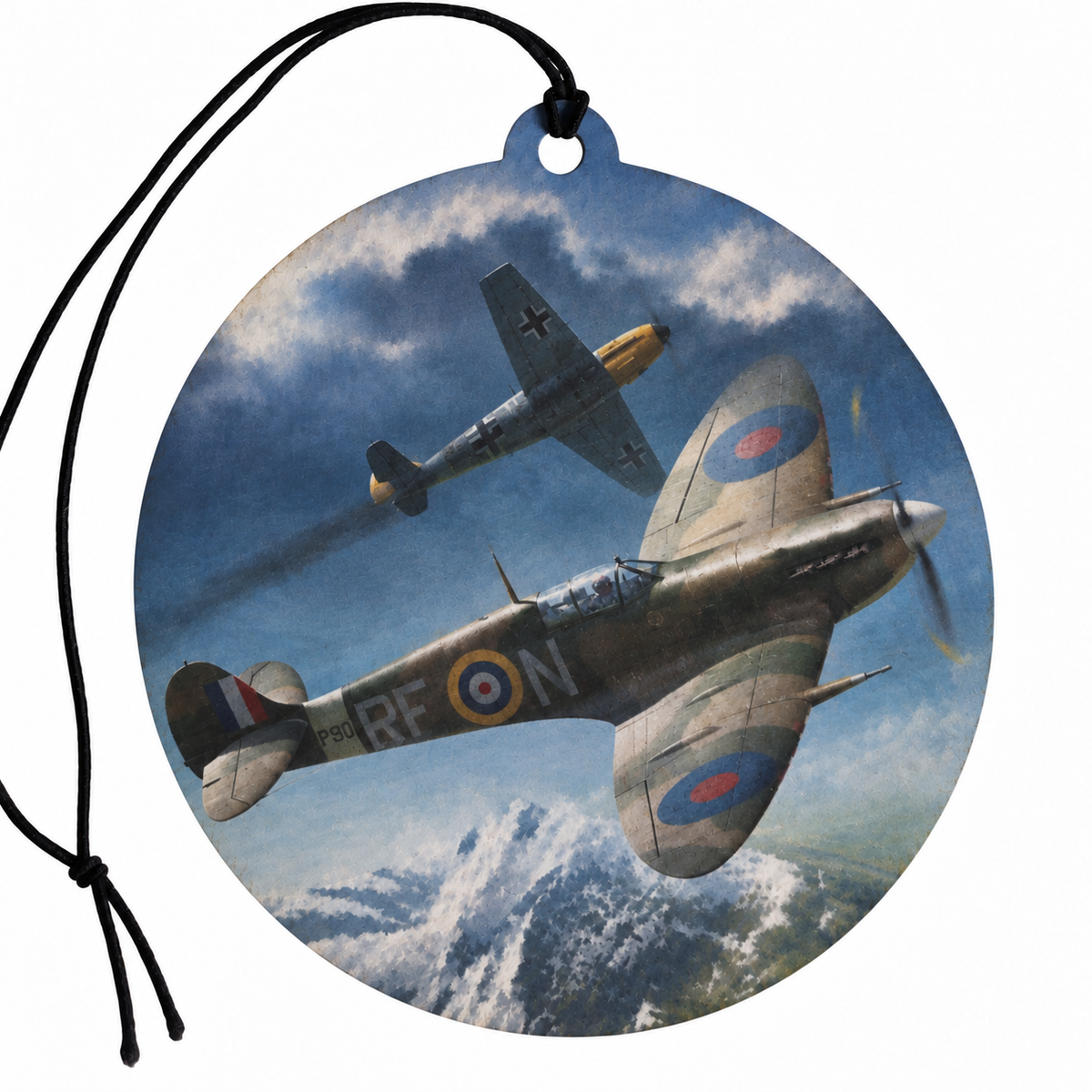 Round WW2 car air freshener featuring a British Supermarine Spitfire with RAF roundels flying alongside a German Messerschmitt BF109 above snowy mountains, with vintage blue-grey aviation artwork and a black hanging cord.