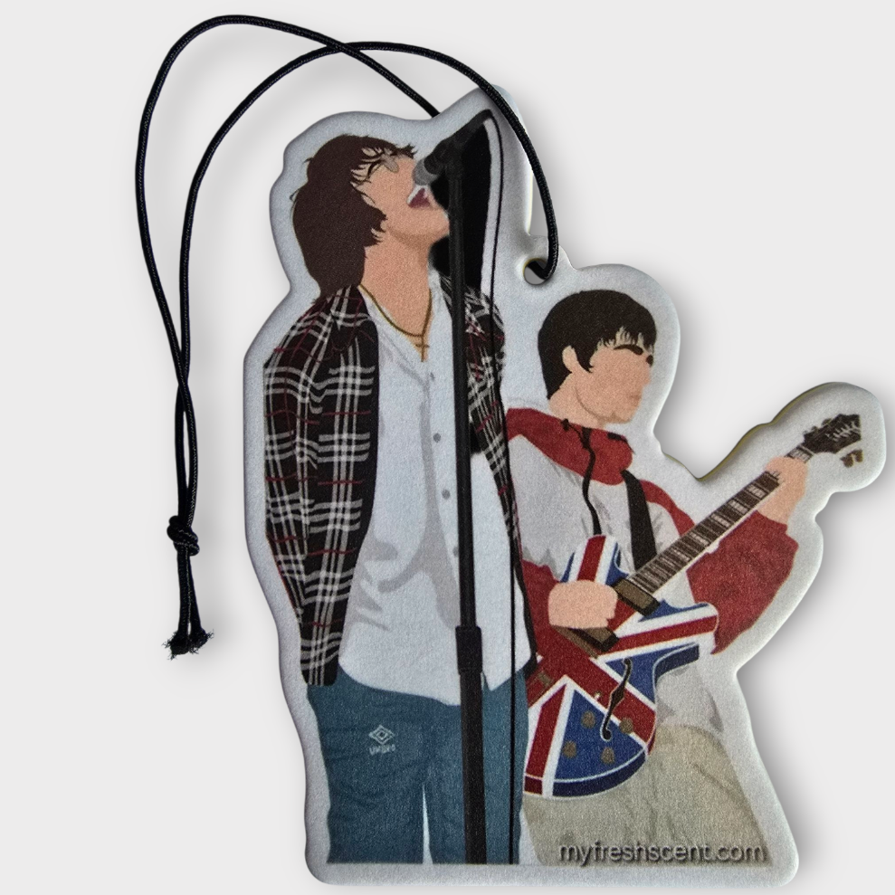 Minimalist Oasis-inspired car air freshener featuring Liam Gallagher singing into a microphone and Noel Gallagher playing his Union Jack guitar with hanging cord.
