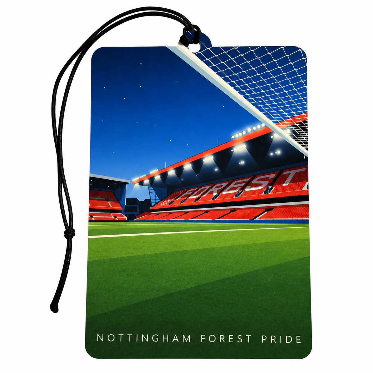 A rectangular luggage tag ir Car Air Freshener featuring a printed graphic of a football stadium at night with green grass, red stands, and a black hanging cord. The text 'NOTTINGHAM FOREST PRIDE' appears along the bottom edge.