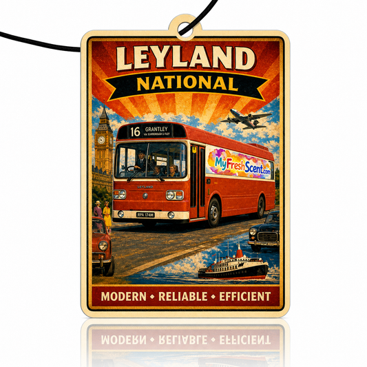 Leyland National bus car air freshener with scenic background