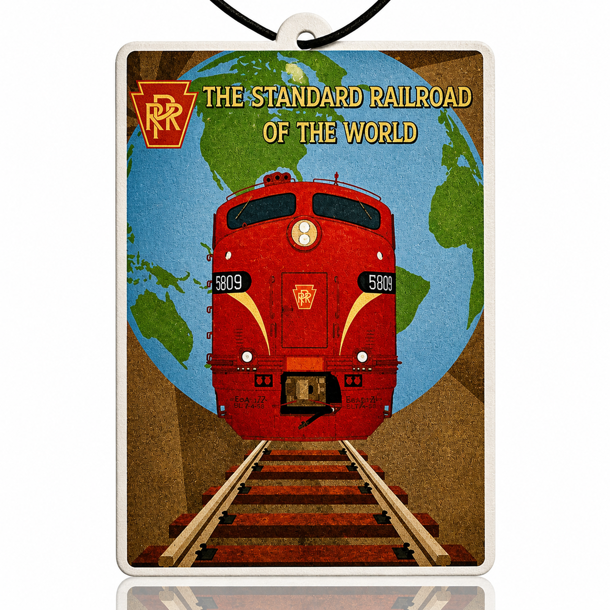 The Standard Railroad Car Air Freshener - Vintage Train Poster Design with Retro Locomotive and Globe Background - MyFreshScent