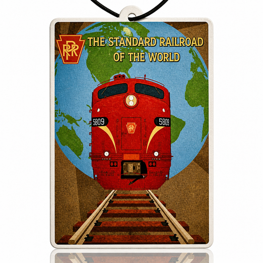 The Standard Railroad Car Air Freshener - Vintage Train Poster Design with Retro Locomotive and Globe Background - MyFreshScent