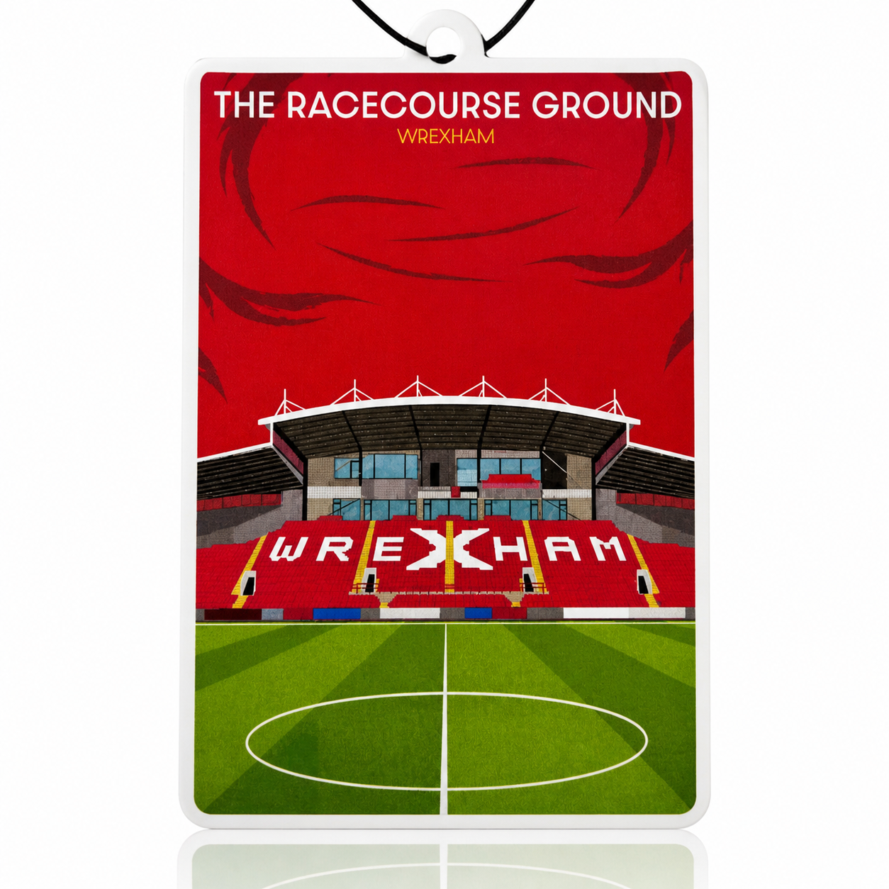 Stadium design with 'The Racecourse Ground Wrexham' text on a red background