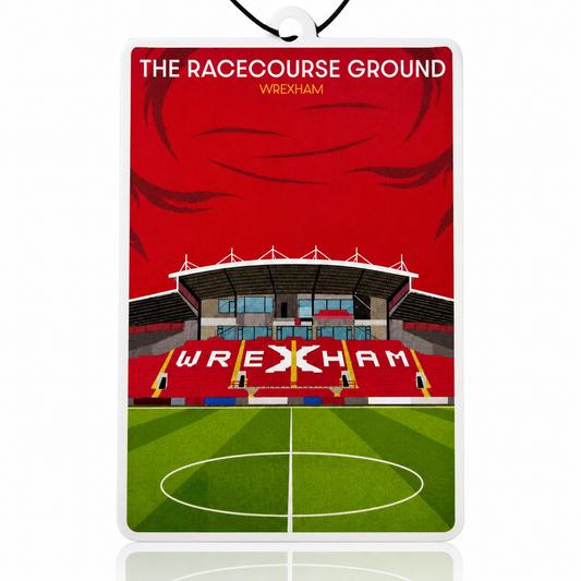 Stadium design with 'The Racecourse Ground Wrexham' text on a red background