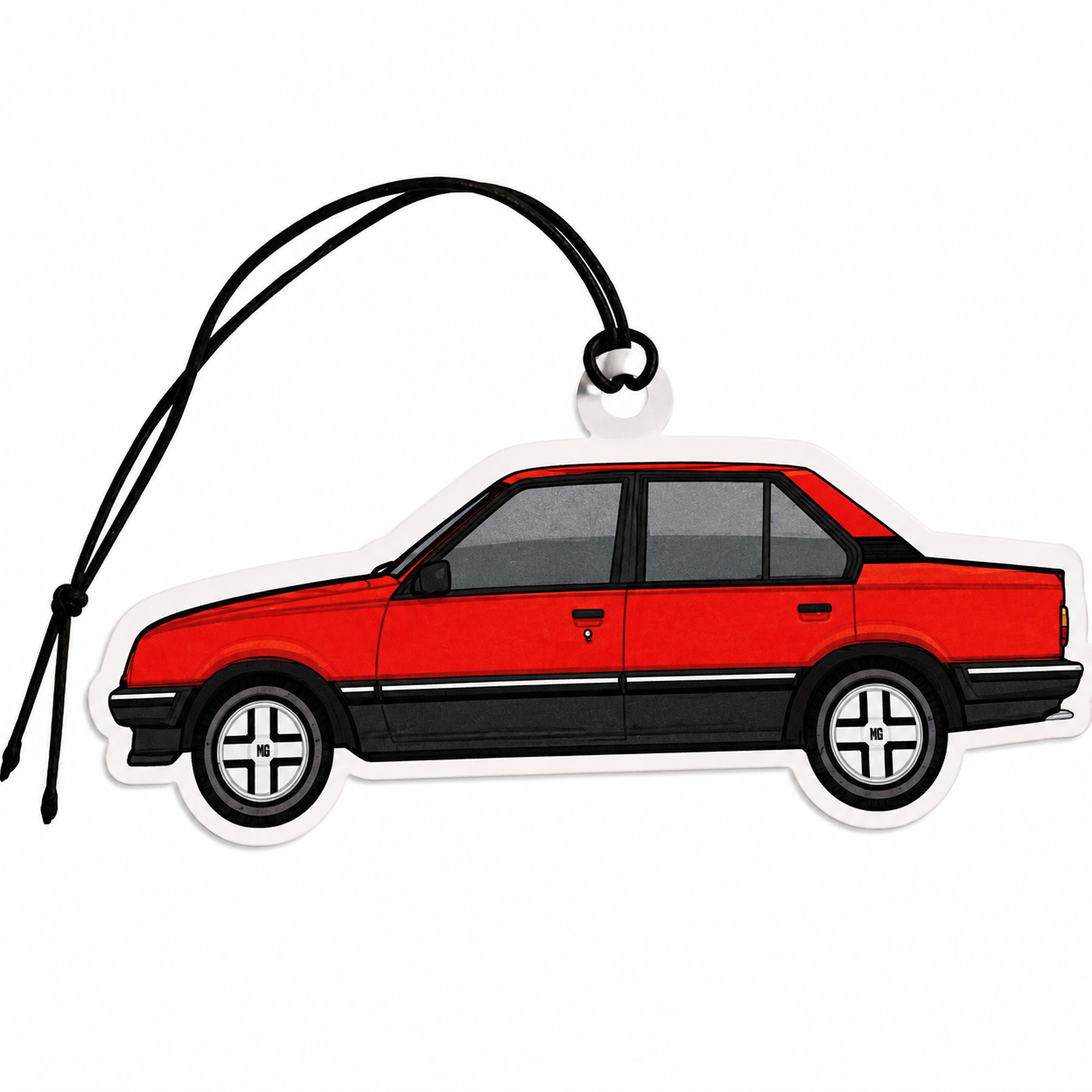 A red and black car-shaped air freshener or ornament with a black hanging string, shown on a plain white background.
