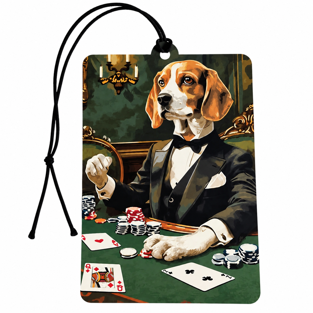 A rectangular luggage tag or car air freshener with a black hanging cord, featuring a painted illustration of a beagle dressed in a black tuxedo at a green poker table with playing cards and chips.