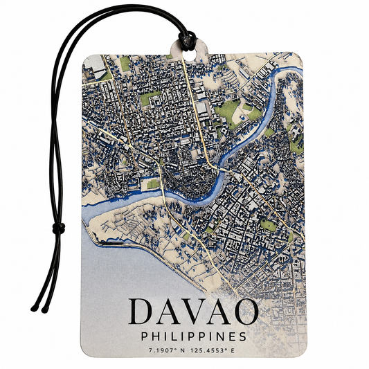A rectangular car air freshener or luggage tag featuring a vintage-style map of Davao, Philippines, with a black hanging cord and the text 'DAVAO PHILIPPINES' printed at the bottom, shown on a plain white background.