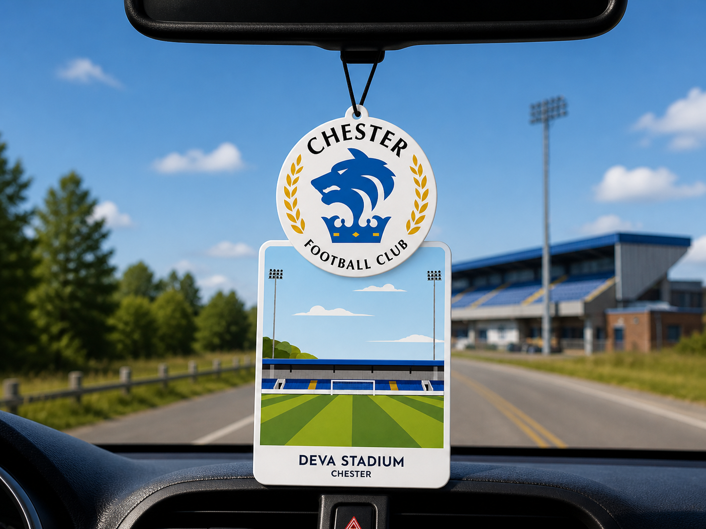 Car air freshener with Chester Football Club logo and Deva Stadium illustration, hanging from a car's rearview mirror.