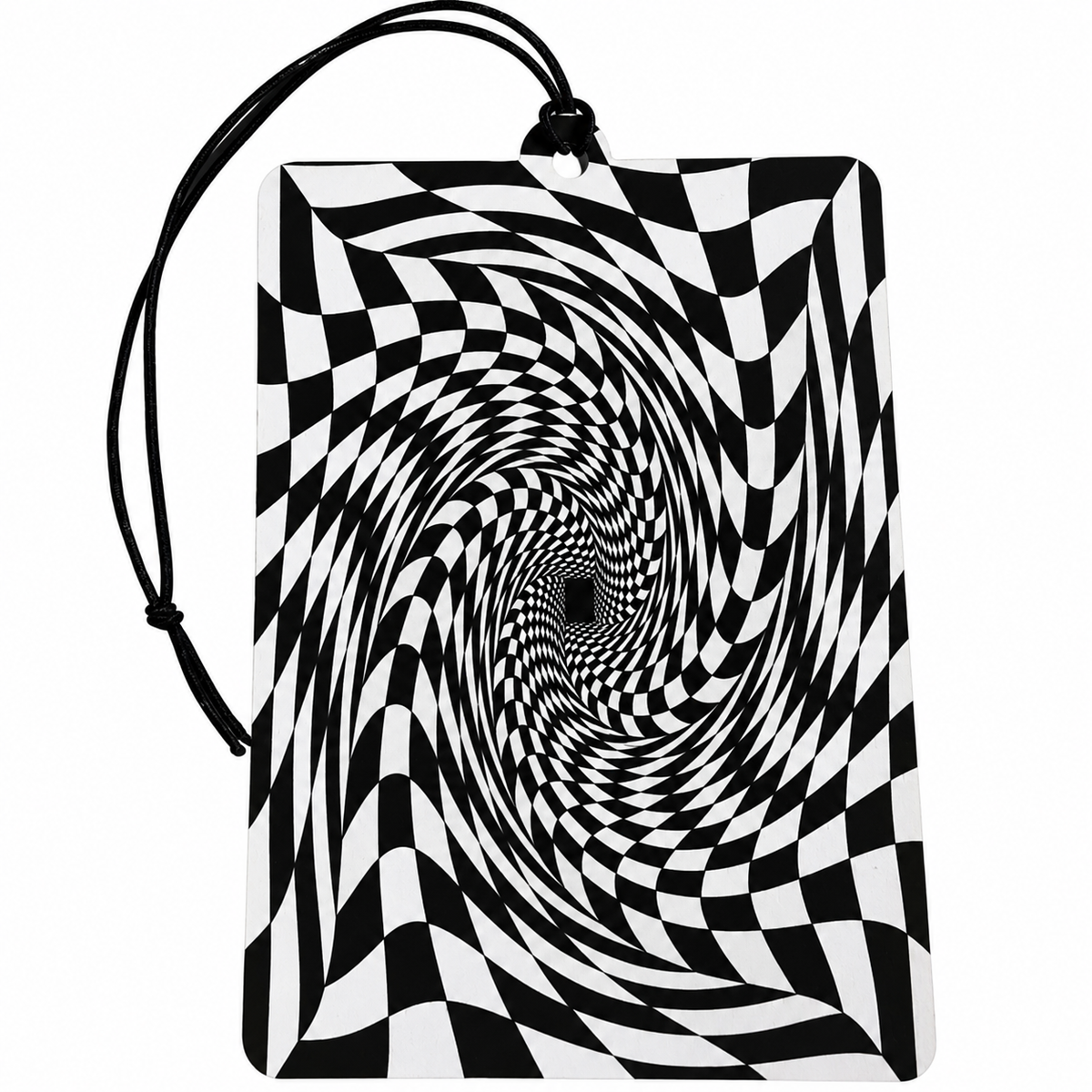 A rectangular black and white optical illusion car air freshener featuring a spiral checkerboard pattern, with a black hanging cord at the top, shown on a plain white background.