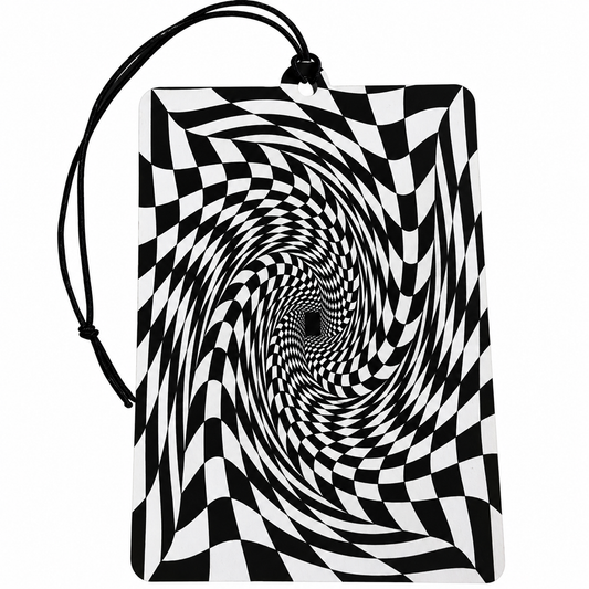 A rectangular black and white optical illusion car air freshener featuring a spiral checkerboard pattern, with a black hanging cord at the top, shown on a plain white background.