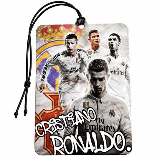 Cristiano Ronaldo inspired football car air freshener featuring collage-style player artwork and Real Madrid inspired design.