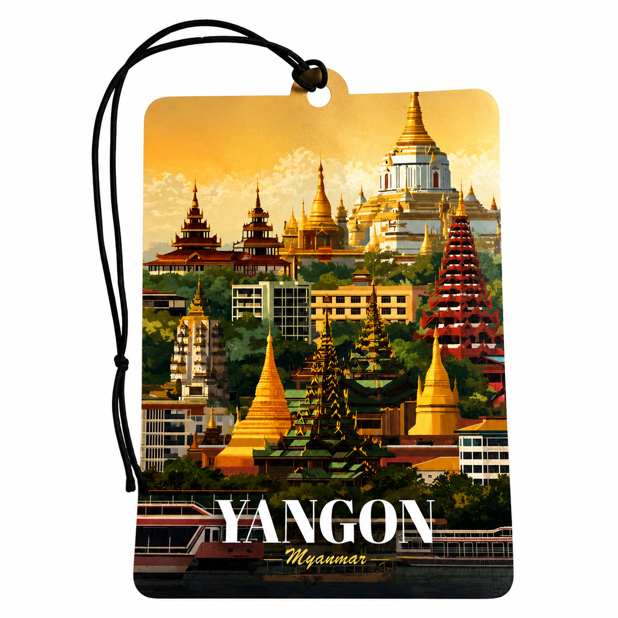 A rectangular luggage tag or car air freshener tag with a black hanging cord, printed with a colorful illustration of Yangon, Myanmar, featuring golden stupas and temples against a warm yellow sky. The word 'YANGON' is printed in large white letters at the bottom, with 'Myanmar' in smaller script underneath.