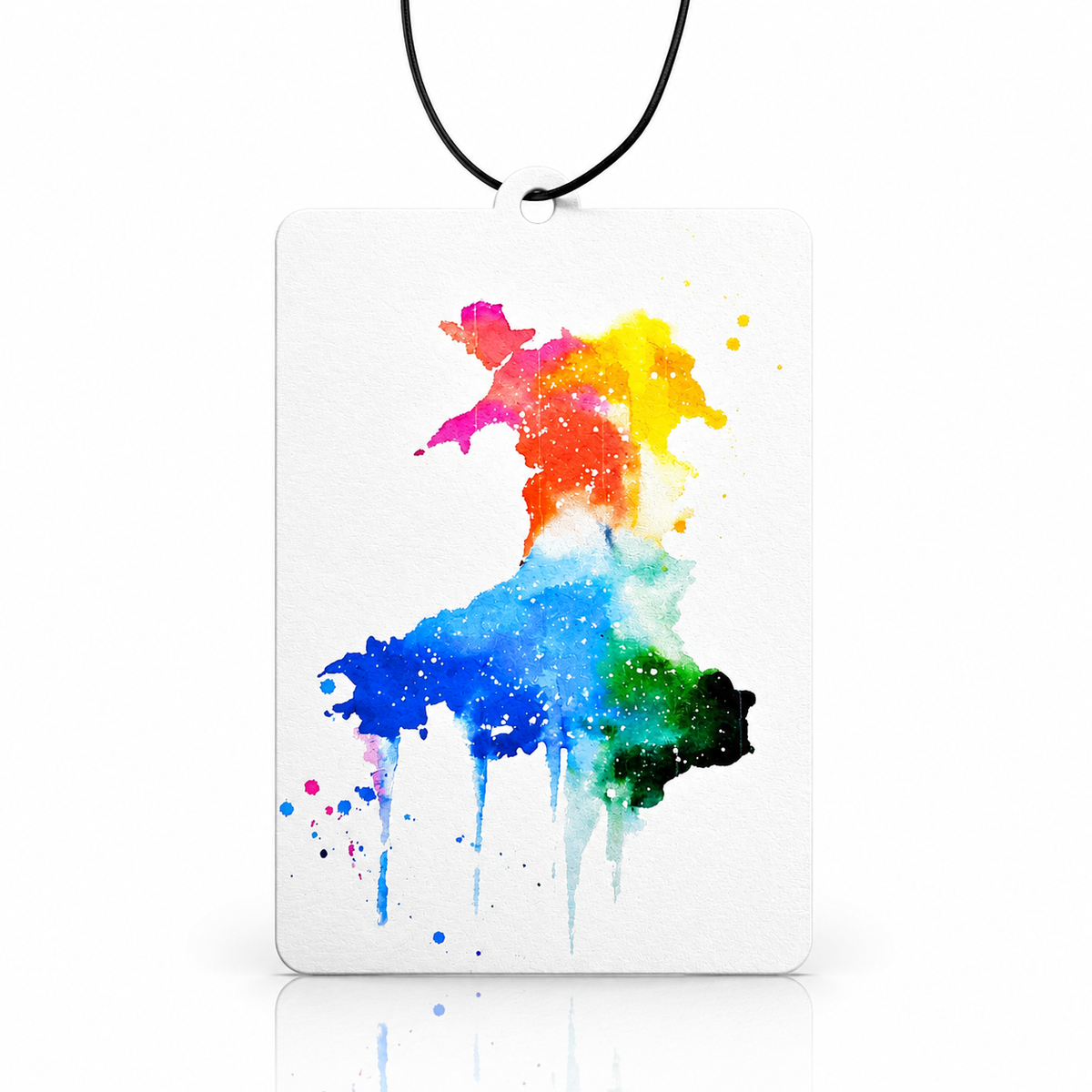 A rectangular white car air freshener tag with a colorful watercolor splash design showing wales in the center, hanging from a black string on a white background.