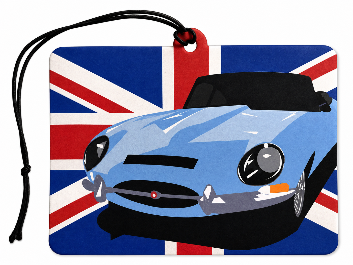 Rectangular car air freshener or car luggage tag featuring a stylized blue sports car in front of a Union Jack flag background, with a black hanging cord and red tab at the top.