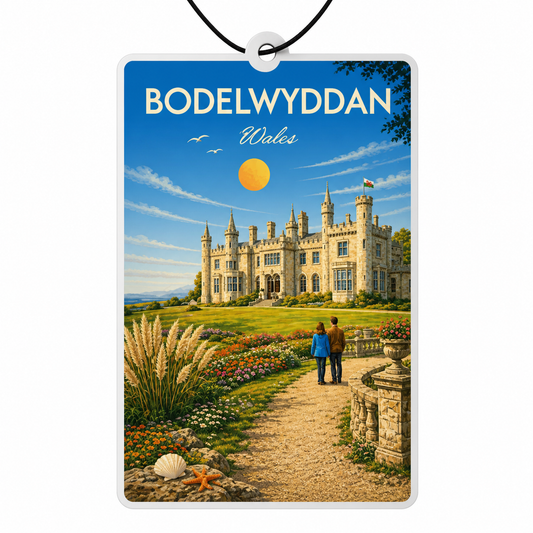 Car air freshener with Bodelwyddan Castle and garden scene, featuring a couple walking.