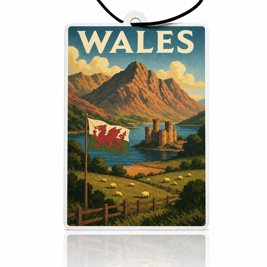 Vintage-style travel poster for Wales featuring a mountainous landscape with a castle and Welsh flag.