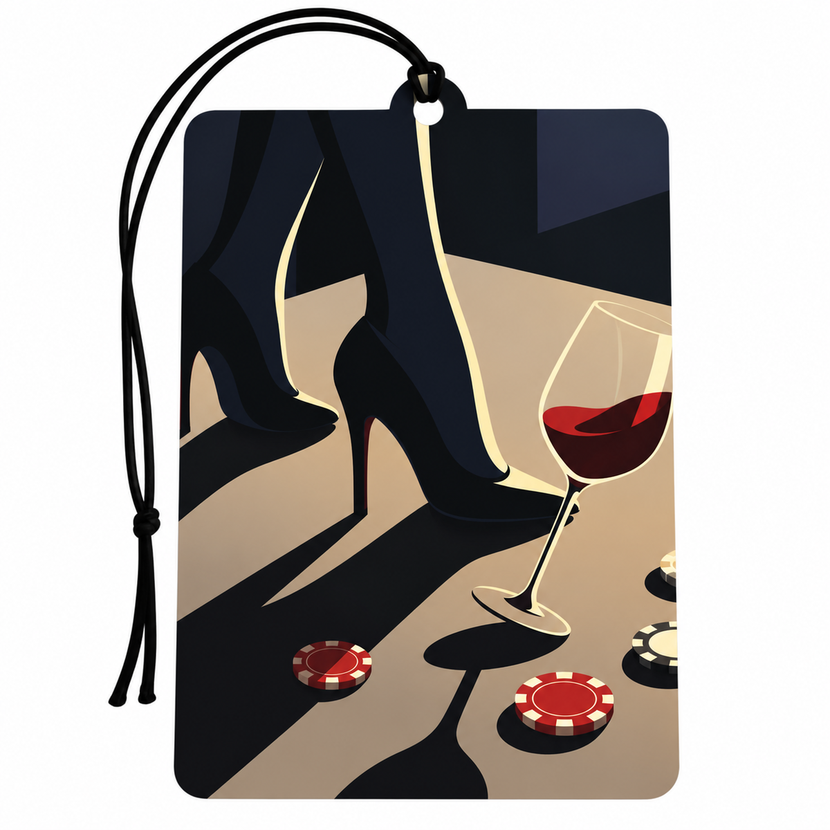 A rectangular luggage tag or car air freshener with a black hanging cord, featuring a stylized illustration of black high-heeled legs, a glass of red wine, and red-and-white poker chips on a beige and black background.