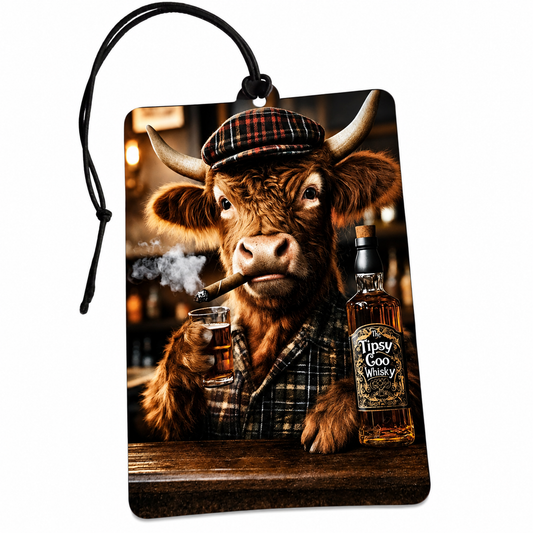 A rectangular luggage tag or car air fresheners featuring a printed illustration of a Scottish highland cow in a plaid hat and shirt, smoking a cigar and holding a glass of whisky, with a bottle of 'Tipsy Goo Whisky' on the right. The tag has a black hanging loop at the top and is shown against a plain white background.