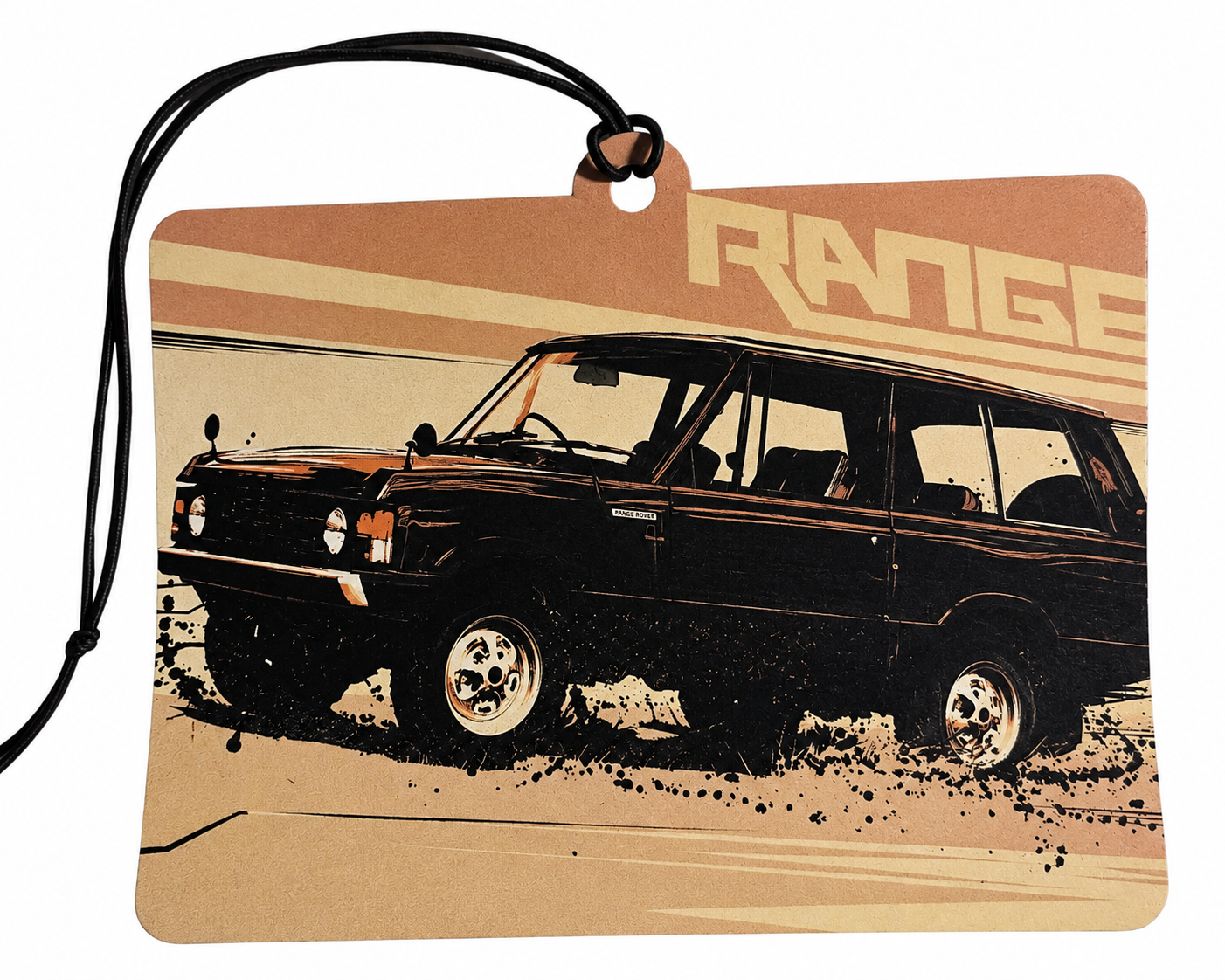 A rectangular car air freshener tag with a black hanging cord, featuring a vintage-style illustration of a black Range Rover on a tan and brown background with the word 'RANGE' printed above.