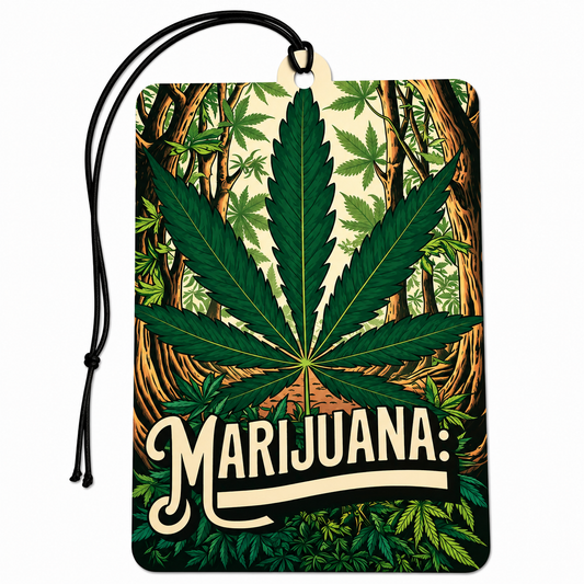 A rectangular hanging tag or car air freshener with rounded corners, featuring a large green cannabis leaf over a forest background and the word “Marijuana” in stylized cream lettering. A black cord with a beige loop is attached at the top.