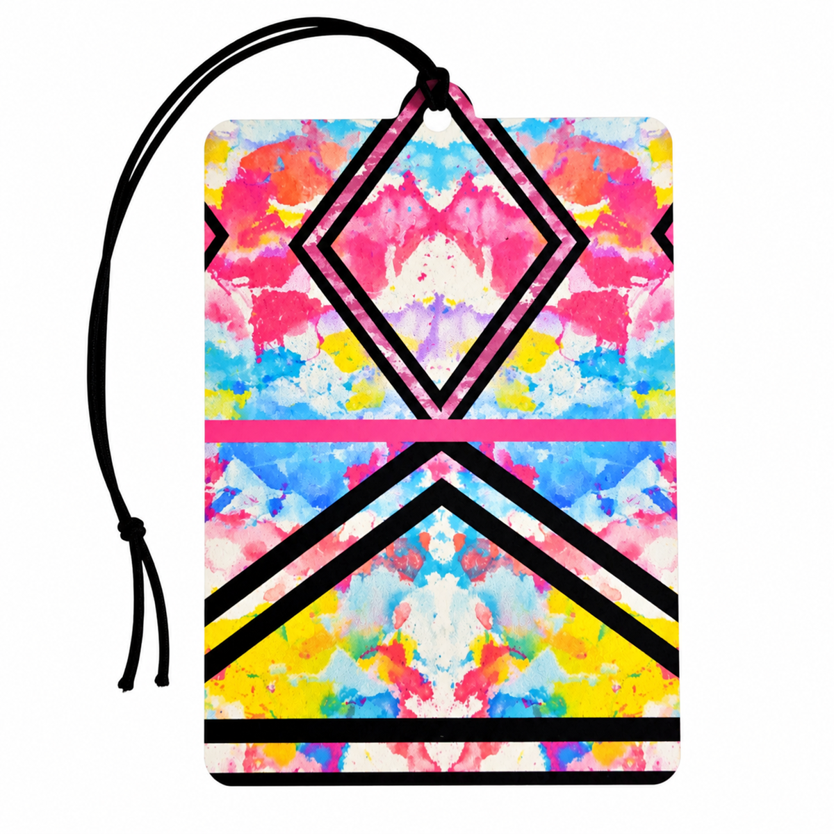 Colourful abstract car air freshener with pink blue yellow watercolour pattern and black geometric design