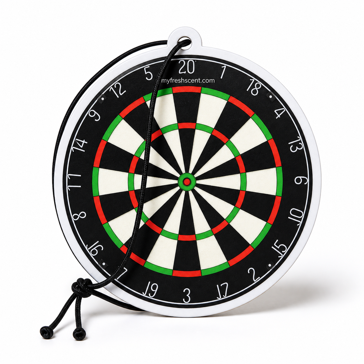 Round dartboard car air freshener featuring a realistic black, red, green and white darts board design with black hanging cord.