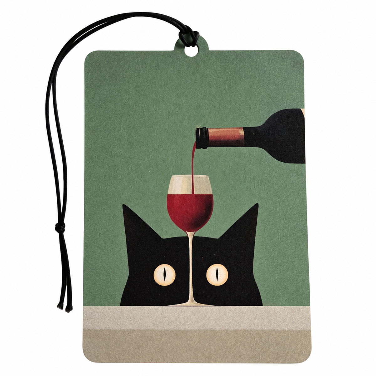 A rectangular hanging tag or car air freshener with a black cord loop, featuring a stylized illustration of a black cat behind a glass of red wine while a bottle pours red wine into the glass, set against a muted green background.