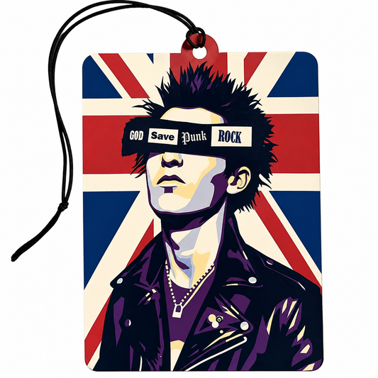 A rectangular metal car license plate tag or car air freshener featuring a stylized punk graphic on a Union Jack background, with a black hanging loop at the top.