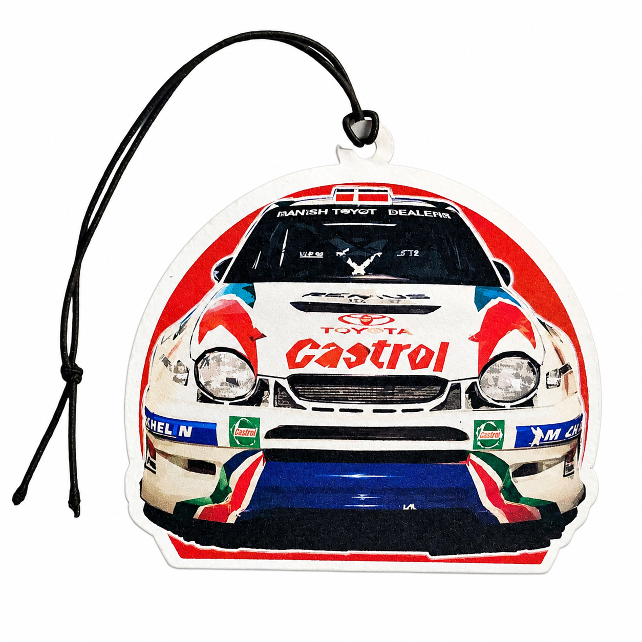 A car air freshener featuring a front-facing Toyota rally car with Castrol, Marlboro, and Michelin logos, complete with a black hanging loop on a white background.