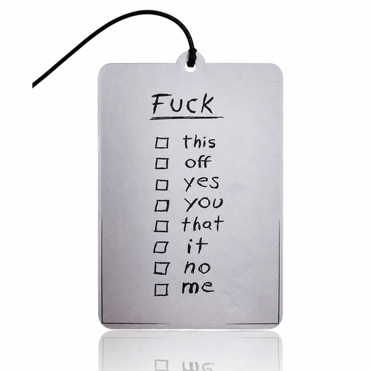 Car Air Freshener with a checklist of profane words on a white background