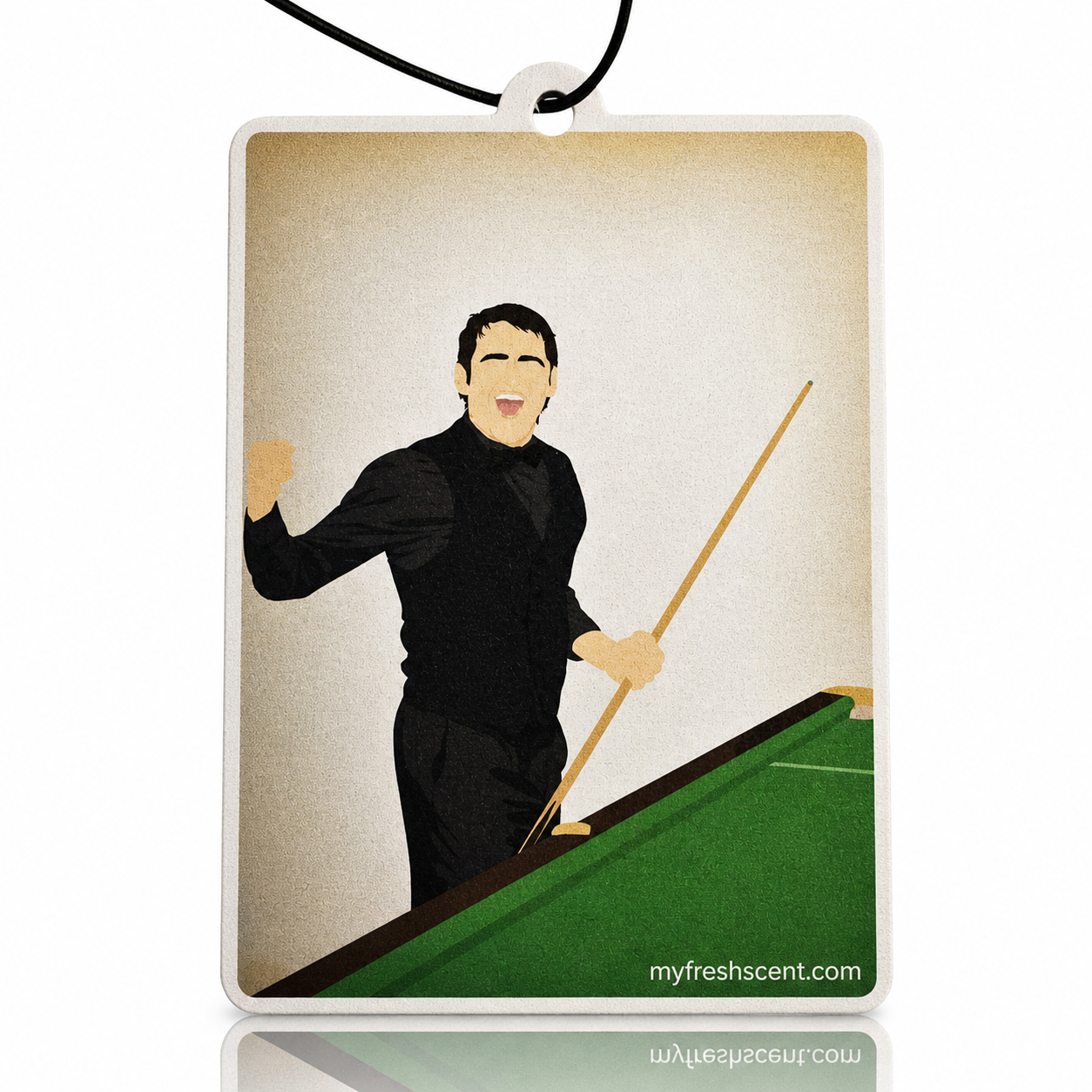Ronnie o'Sullivan in a black outfit with a snooker cue on a snooker table, with 'myfreshscent.com' branding.