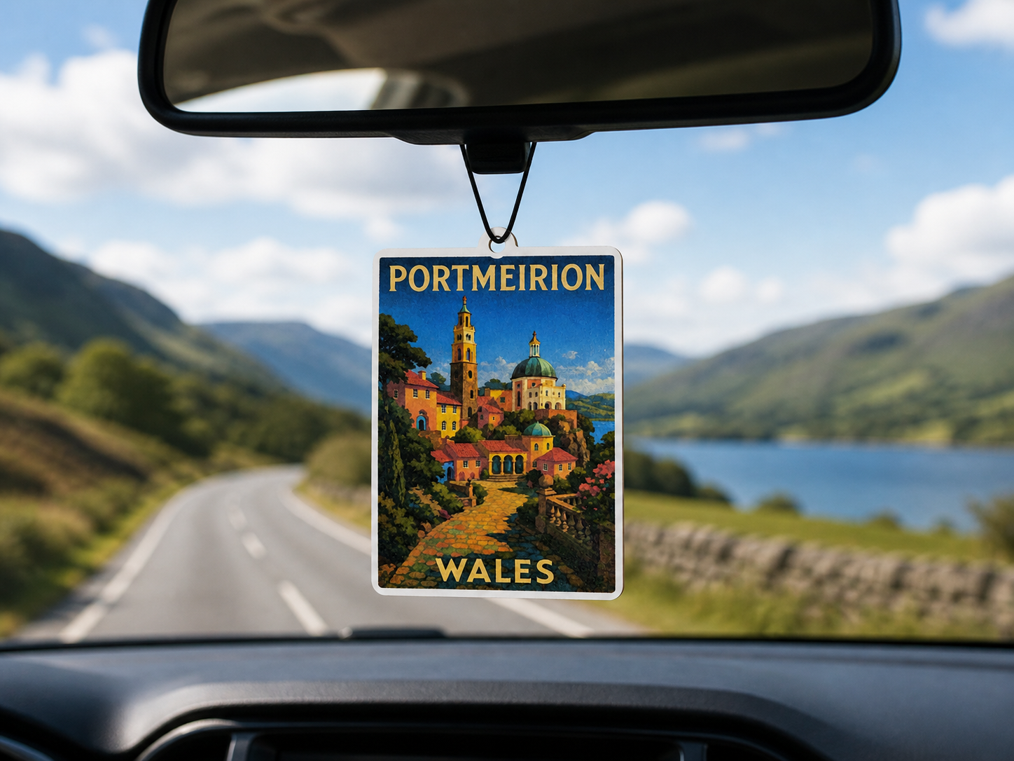 Car air freshener with Portmeirion, Wales design hanging from a car's rearview mirror.