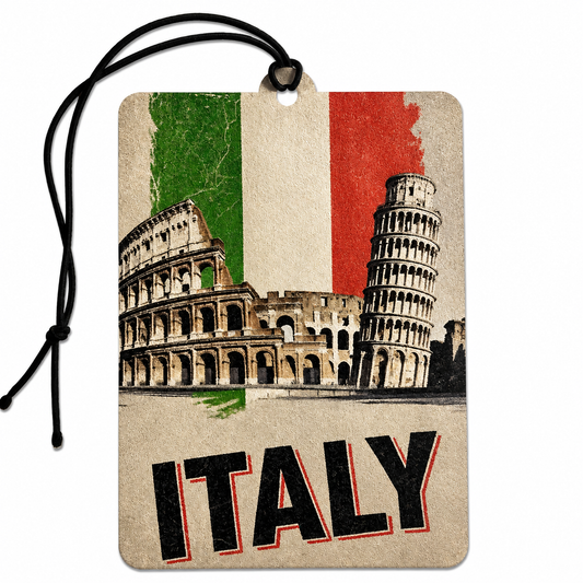 A rectangular car air freshener or luggage tag with a black hanging cord, featuring a vintage-style illustration of the Colosseum and Leaning Tower of Pisa over an Italian flag background, with the word 'ITALY' printed at the bottom.