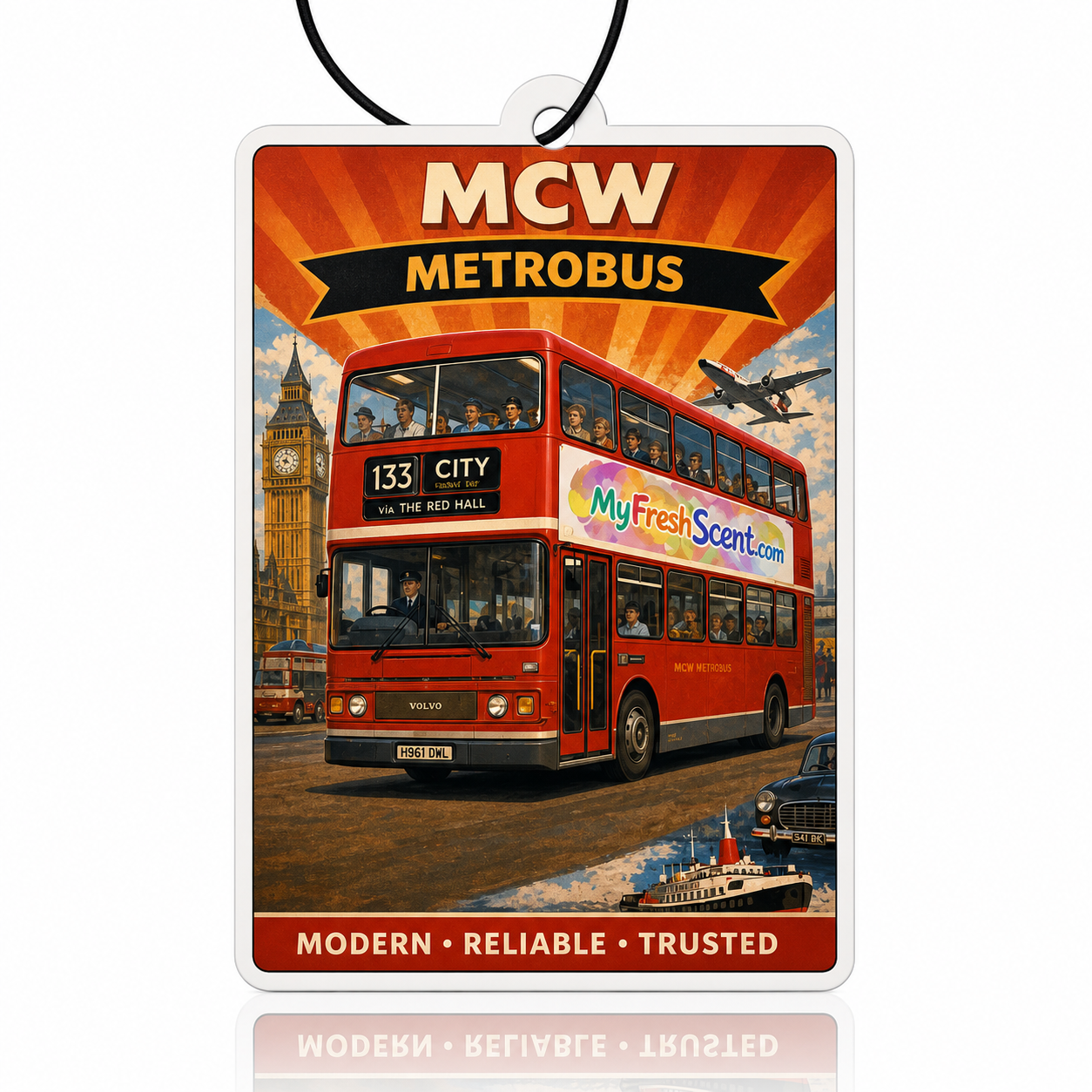 MCW Metrobus Hanging Car Air Freshener - Vintage Travel Poster Style Unique Gift Accessory - MyFreshScent