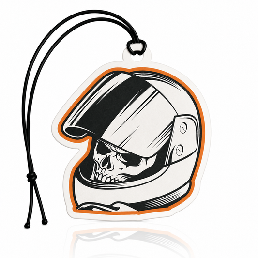 Skull helmet car air freshener featuring a motorcycle helmet with a skull design, double-sided hanging freshener for cars, vans, trucks and biker enthusiasts.
