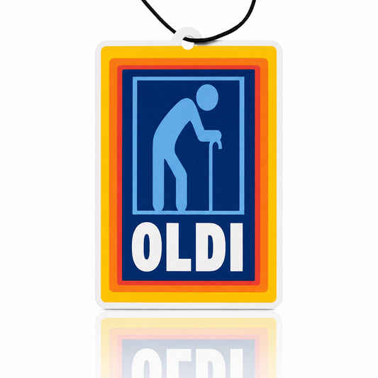 Colorful rectangular car air freshener with a blue silhouette of an elderly person and the word 'OLDI' on a white background.