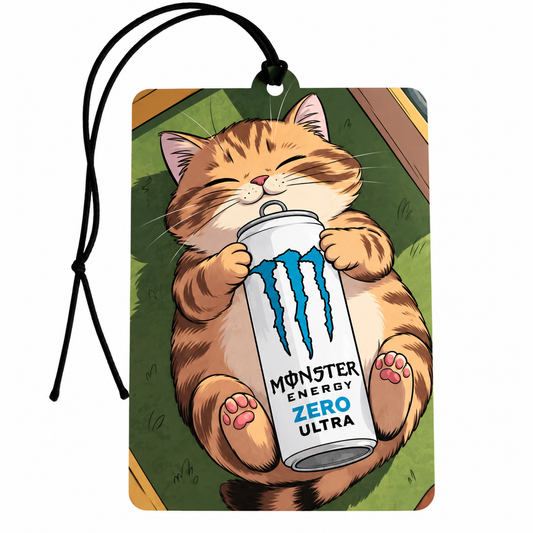 Cute tabby cat cuddling a Zero Ultra-inspired energy drink can on a funny hanging car air freshener.