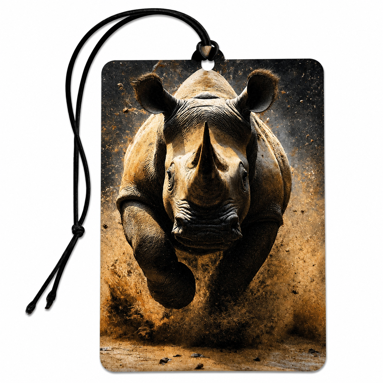 A rectangular car air freshener or luggage tag with rounded corners, featuring a detailed graphic print of a charging rhinoceros kicking up dust. The tag has a black hanging cord and is shown against a plain white background.
