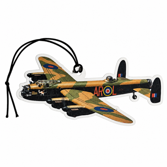 Avro Lancaster WW2 RAF bomber car air freshener featuring green and brown camouflage, RAF roundels, four engines and black hanging cord.
