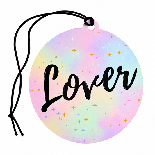 Round Lover car air freshener with black script lettering, pastel rainbow background and colourful star details.