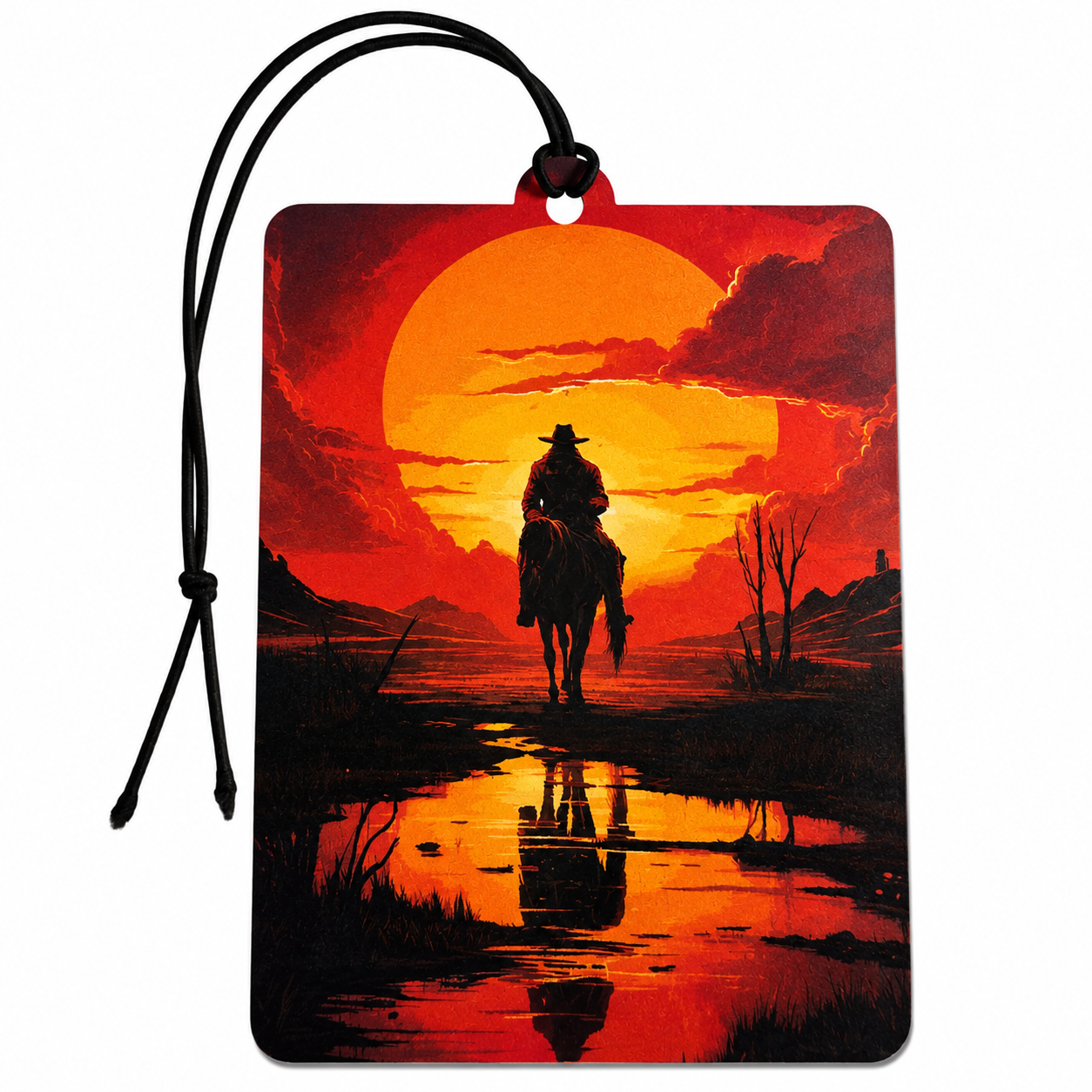 Rectangular car air freshener tag featuring a red and orange sunset landscape with a silhouetted cowboy on a horse, attached to a black hanging cord on a white background.