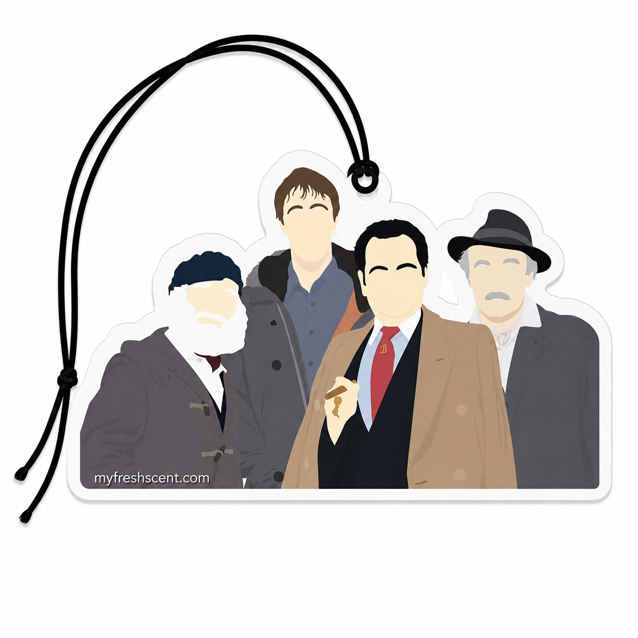 Minimalist Only Fools and Horses inspired car air freshener featuring faceless illustrations of four iconic sitcom characters.