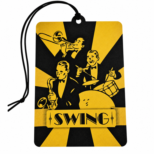 A rectangular hanging tag or car air freshener card with a black cord loop at the top. The design features retro jazz musicians in black silhouettes against a yellow and black sunburst background, with the word “SWING” printed across the bottom.