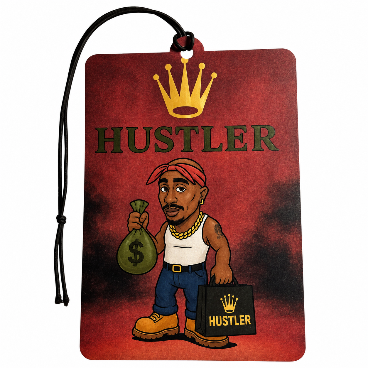 A rectangular car air freshener or luggage tag with a black hanging cord, featuring a red and black textured background, a gold crown, the word 'HUSTLER' in green, and a cartoon illustration of a man holding a money bag and a black Hustler bag.