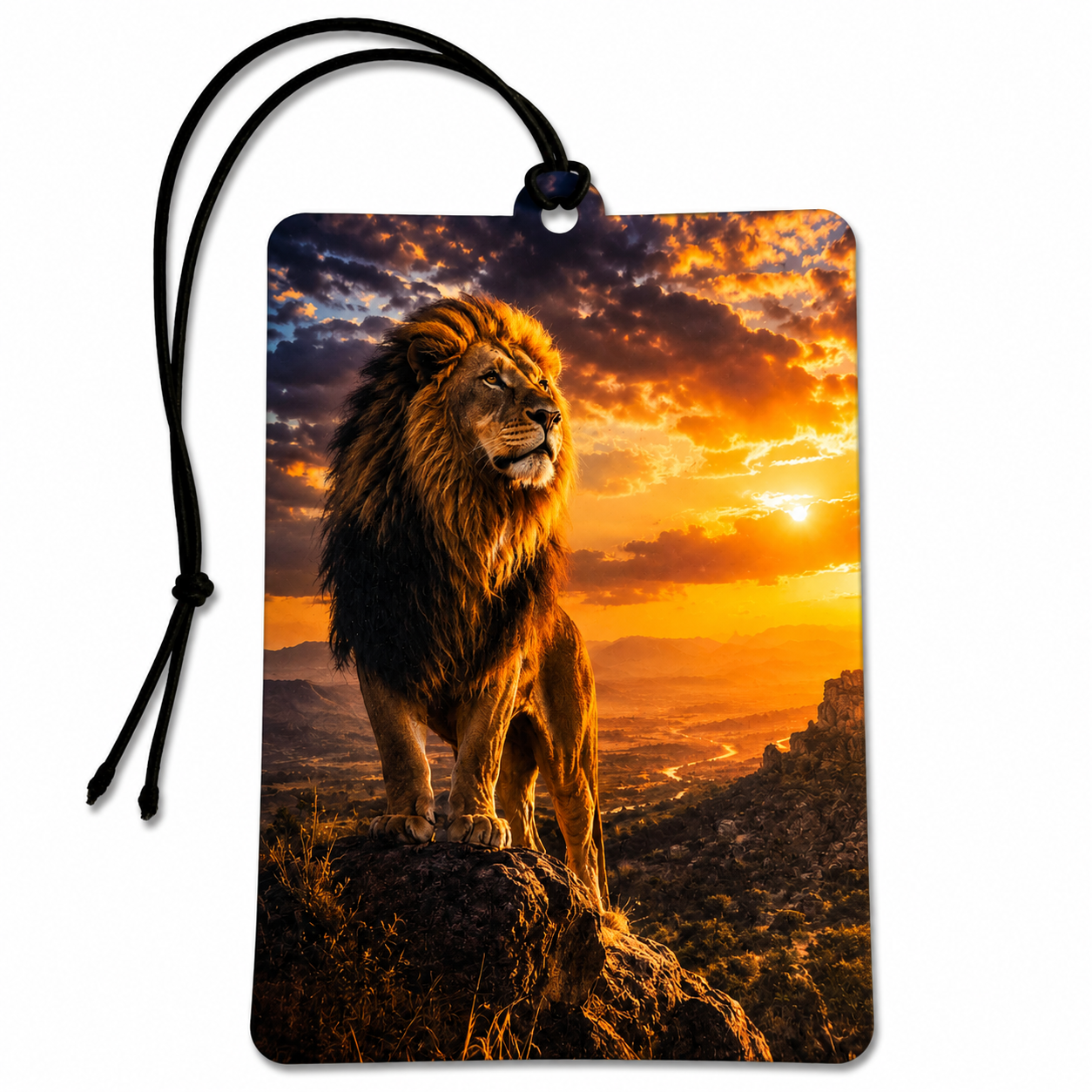 Majestic lion inspired car air freshener featuring a male lion standing on a rocky African landscape beneath a dramatic golden sunset car air freshener 