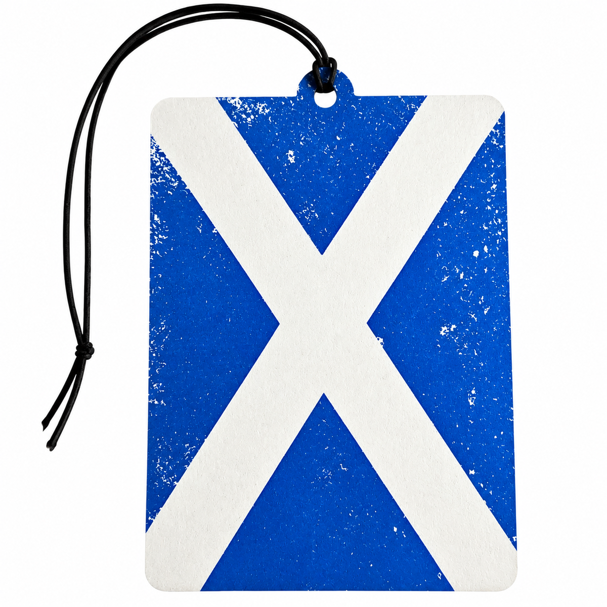 A rectangular car air freshener tag featuring the blue and white Saltire flag design with a distressed texture, complete with a black hanging cord.