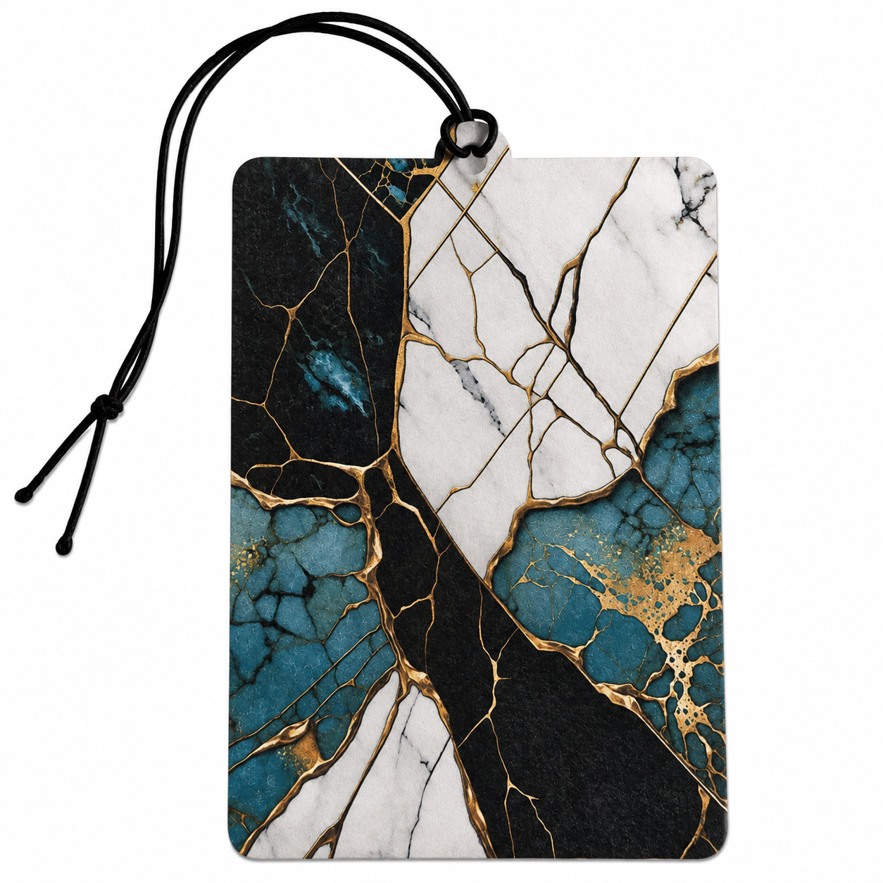 Luxury Marble Car Air Freshener – Black White Teal & Gold Abstract Hanging Vehicle Freshener, Modern Geometric Car Accessory & Stylish Gift