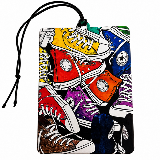 Converse inspired car air freshener featuring a colourful collage of retro high-top trainers with black hanging cord.